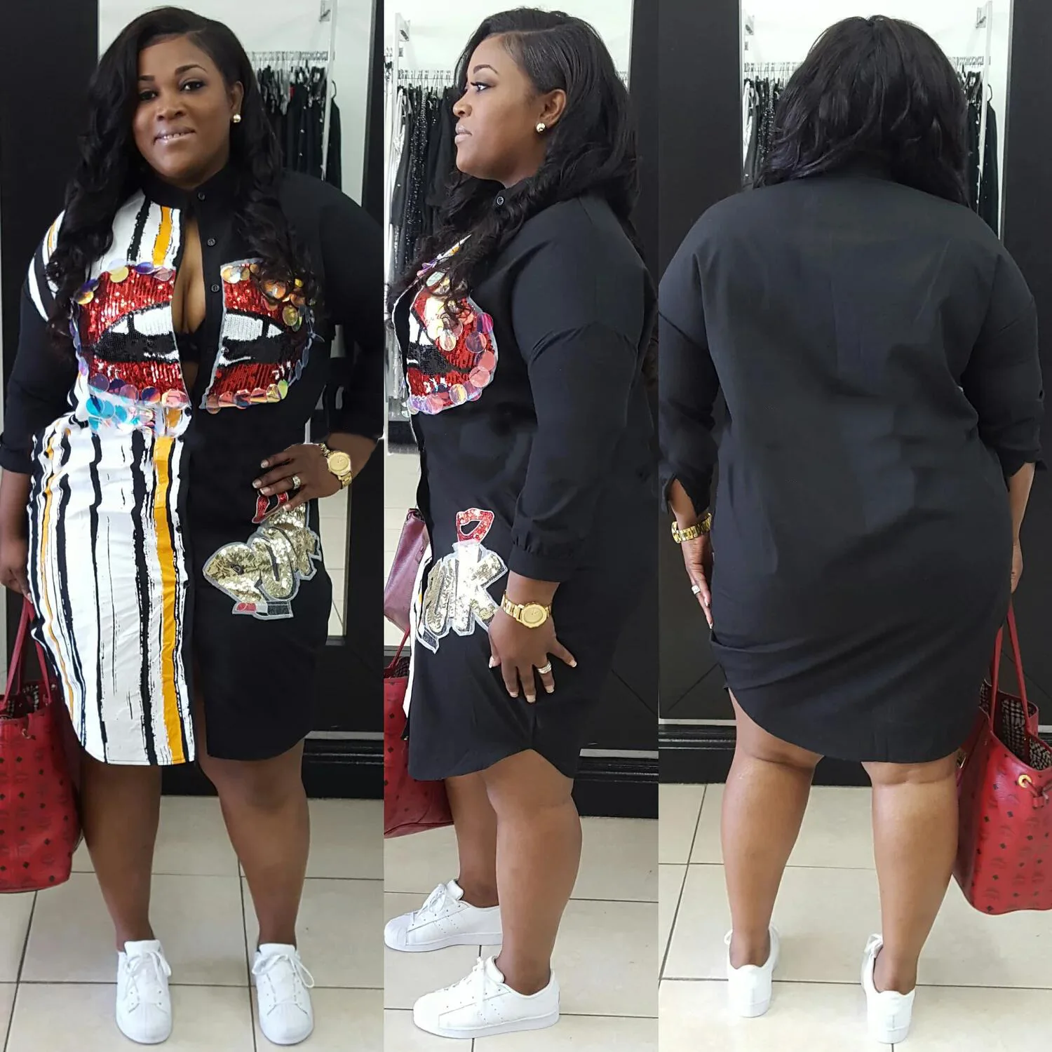 Женское платье в стиле панк с большими красными губами и блестками