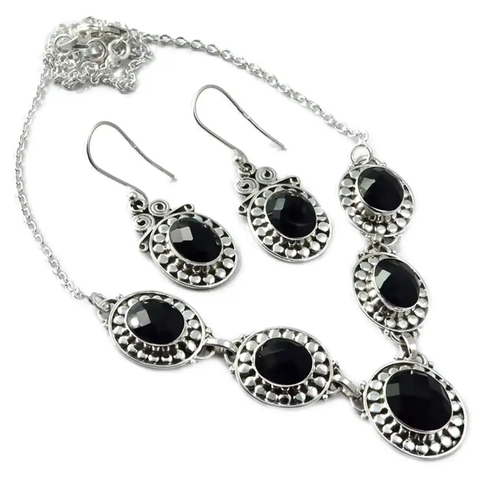 Ожерелье из черного оникса Genunie Cut + серьги комплект стерлингового серебра 925