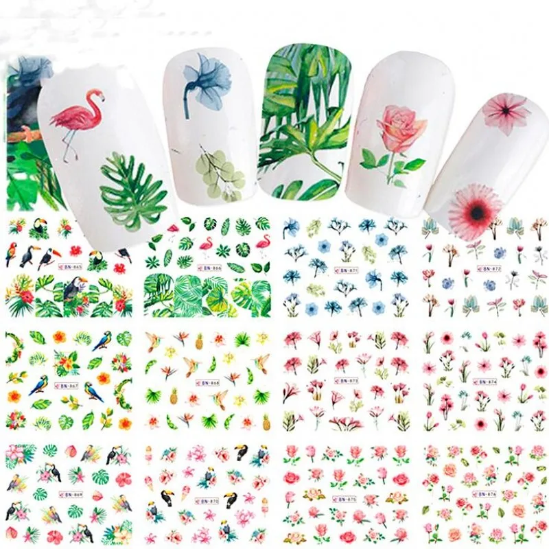 

1 Sheet 12 Designs Nail Water Transfer Decals DIY Tattoo Slider Flamingo Rose Daisy Flower Pattern Nail Art Wraps Set BN865-876#