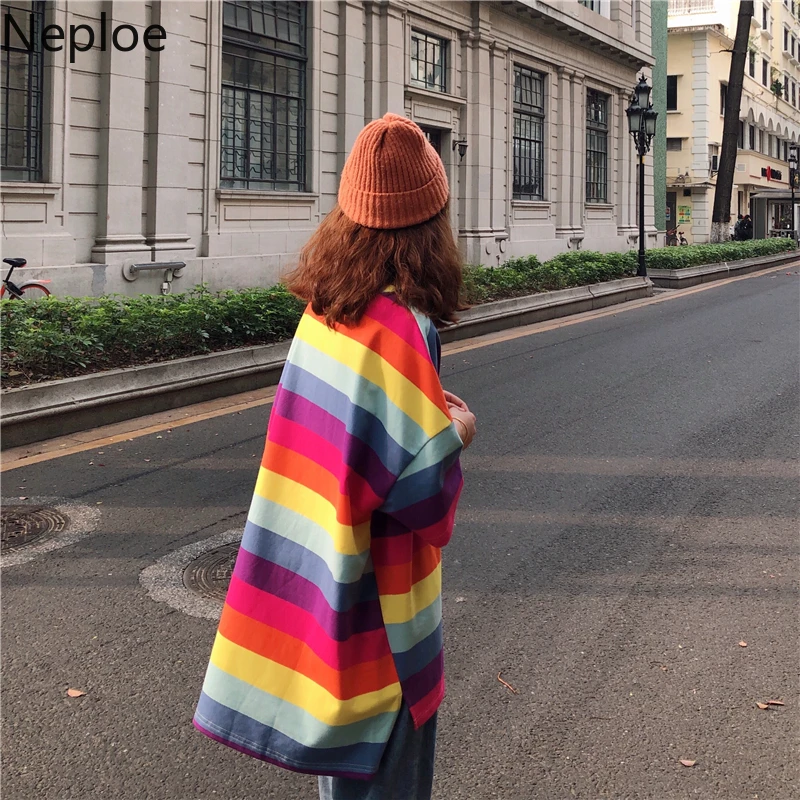 Neploe женские футболки в радужную полоску Лето 2021 Harajuku BF с круглым вырезом и