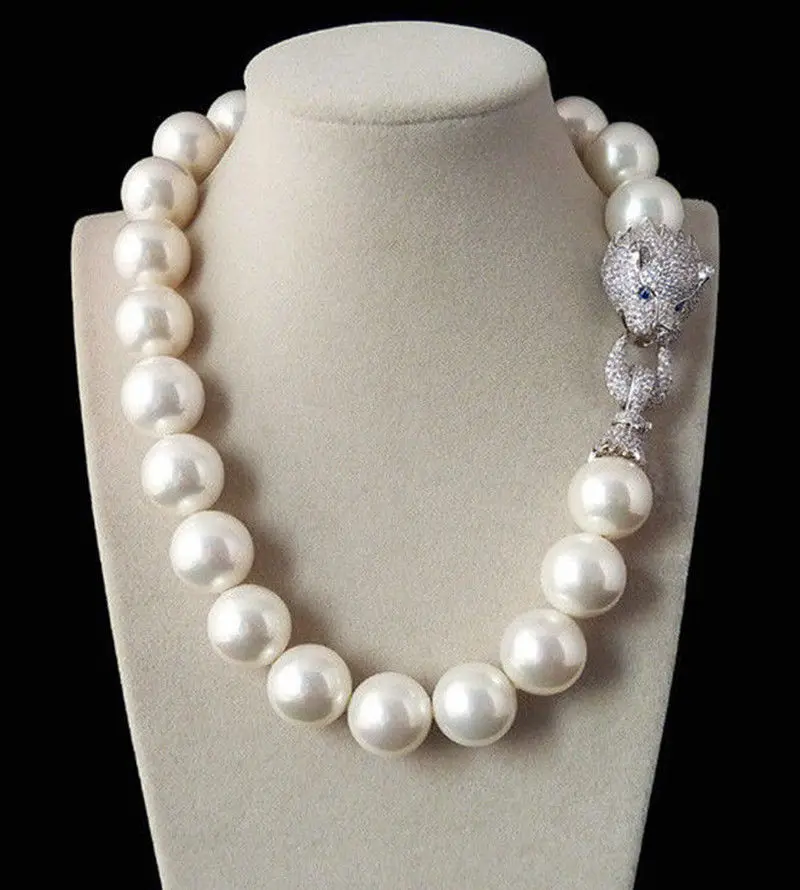 

Huge 20mm Genuine White South Sea Shell Pearl Necklace 19'' AAA Crystal Clasp