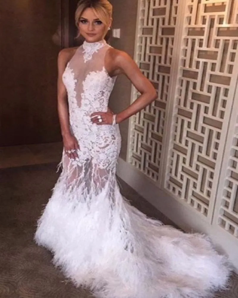 Fashion Feather Lace Mermaid Evening Dress 2016 Sexy See Through High Neck Backless Vestido De Festa Longo Prom Gowns | Свадьбы и