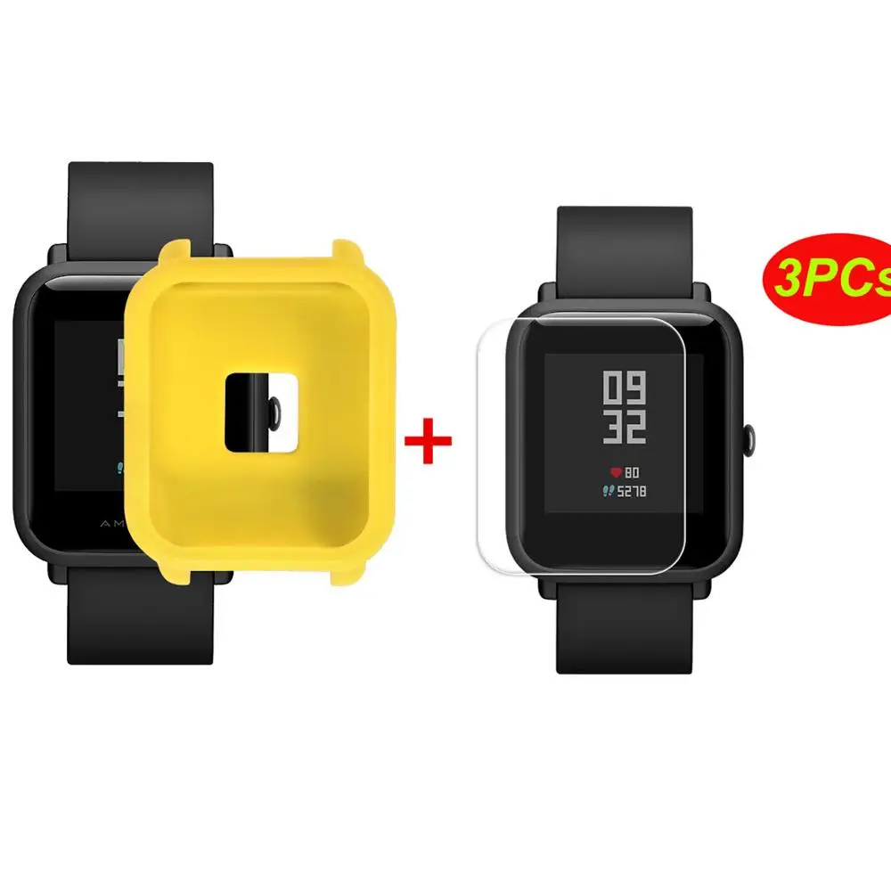 Мягкий защитный чехол+ 3 шт. защита для экрана для Huami Amazfit Bip Younth Watch, тонкий цветной чехол с рамкой, защитный чехол - Цвет: 2