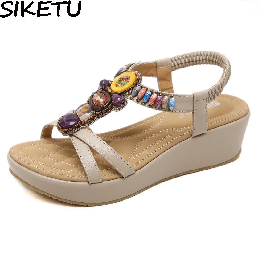 

SIKETU Bohemia Ethnic Sandals National Shoes Women Open Toe String Bead Diamante Comfort Sandals Platform Wedge Med Heels 35-42