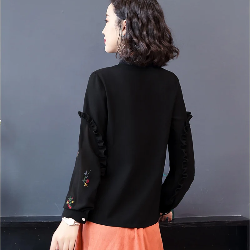 Blusas Mujer De Moda 2018 Осень Элегантный вышивка оборками блузки Для женщин с длинным