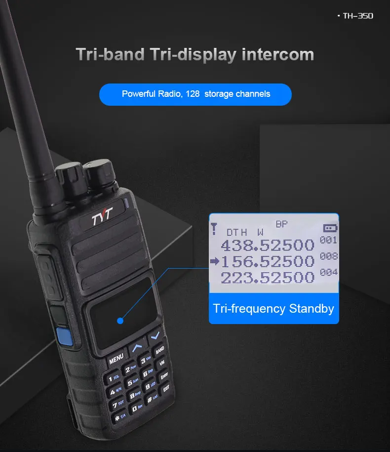 TYT TH-350 Tri-Band Tri-display 136-174 МГц 220-260 МГц 400-470 МГц мощный радио 128 каналов хранения группа вызова рация