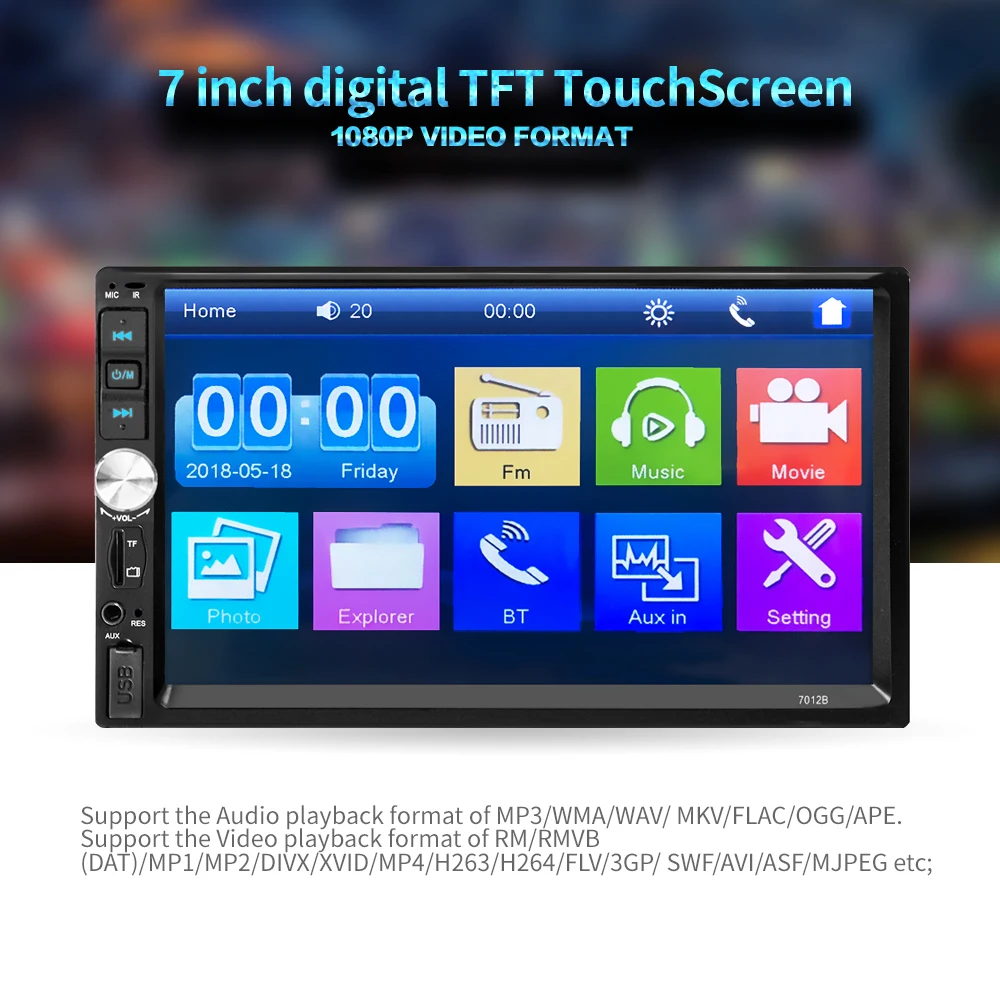 Radio 2 Din General Car Models 7'' LCD Touch Screen Car Radio Player Bluetooth Car Audio Support Rear View Camera 7012B