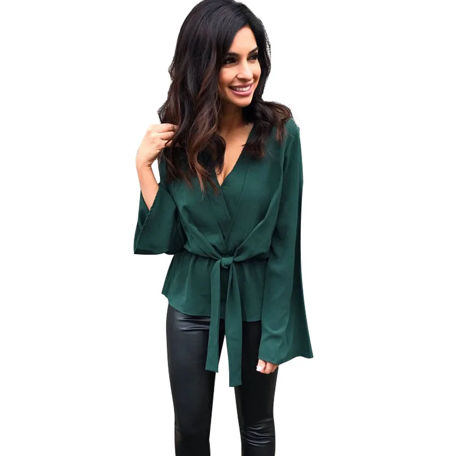 Женская шифоновая блузка с длинным рукавом и V образным вырезом| |