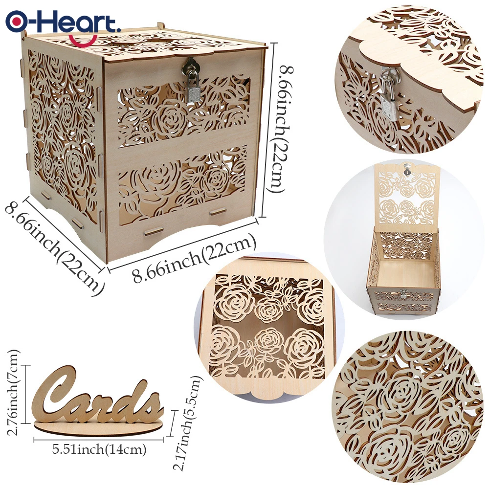 OHEART Diy коробка для приглашения на свадьбу деревянная деревенская Подарочная коробка с замком коробка для денег полые сердца в форме коробка подарочной карточки и карты знак на день рождения