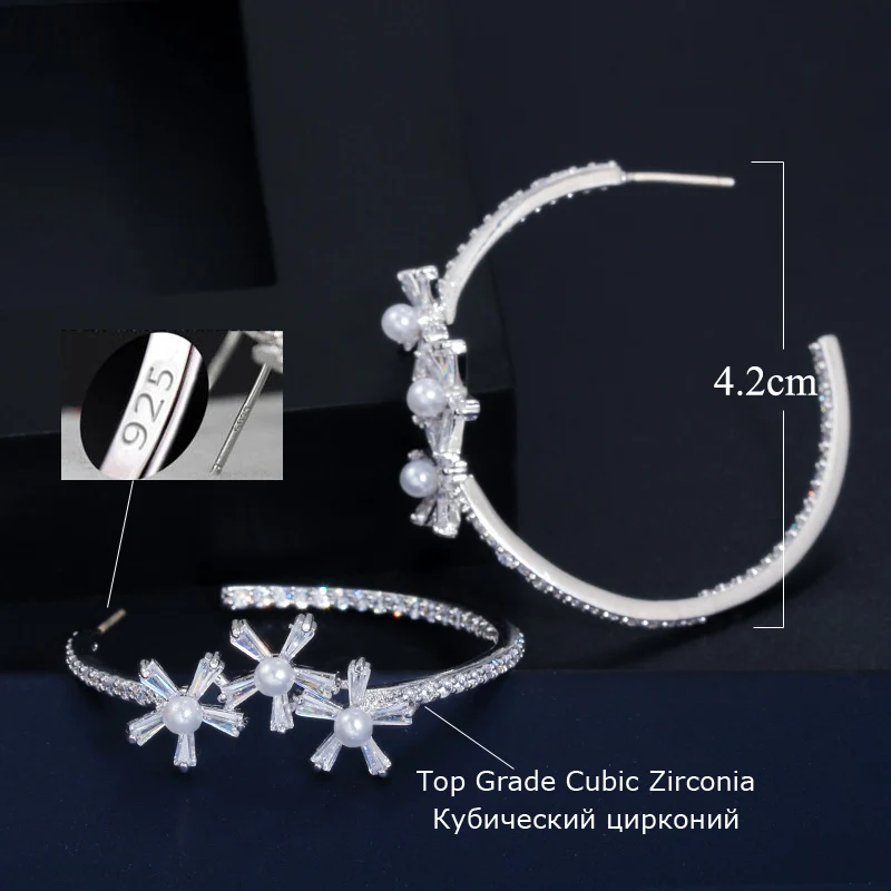 CWWZircons, элегантные серьги-кольца с кубическим цирконием в виде цветка, большие круглые жемчужные серьги для женщин, модные ювелирные изделия, аксессуары CZ579