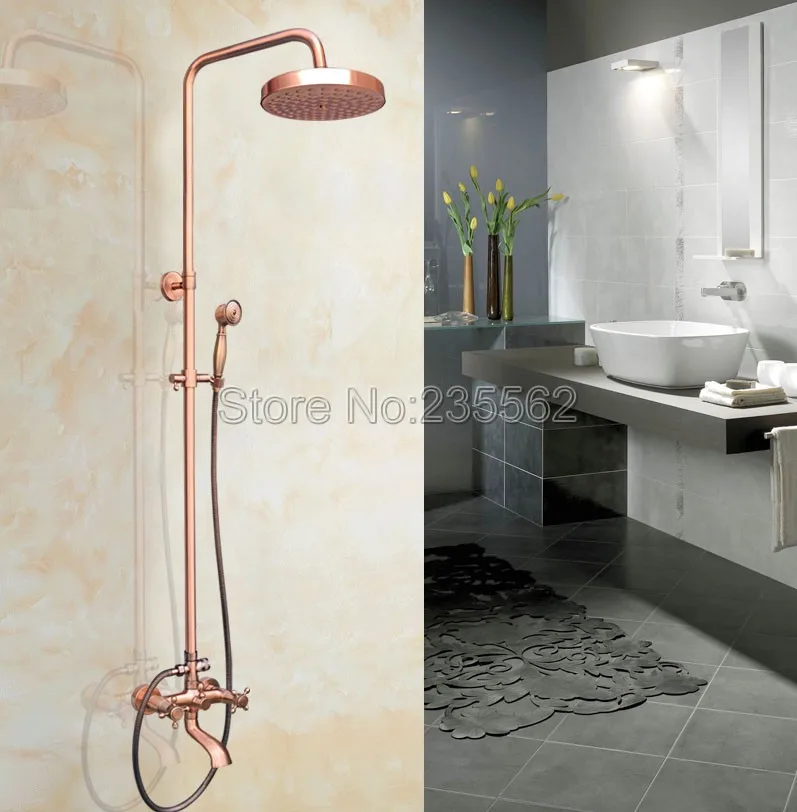 

Bathroom Shower Faucet Red Copper Round Rainfall Wall Mounted Bathtub Shower Head Handheld Faucet Shower Set lrg512