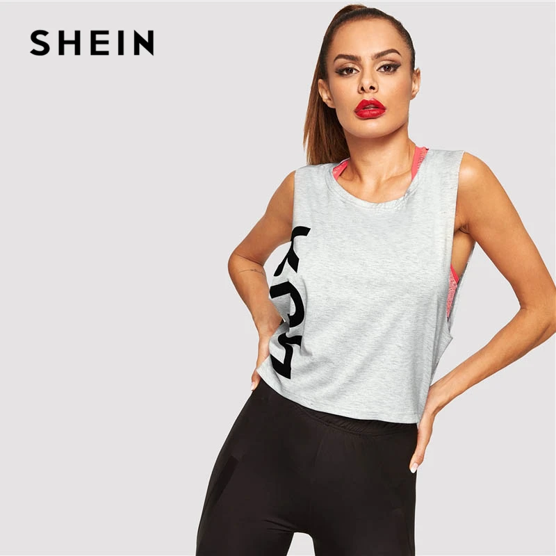 SHEIN Топ Без Рукавов С Текстовым Принтом, Спортивная Майка С Контрастным Принтом