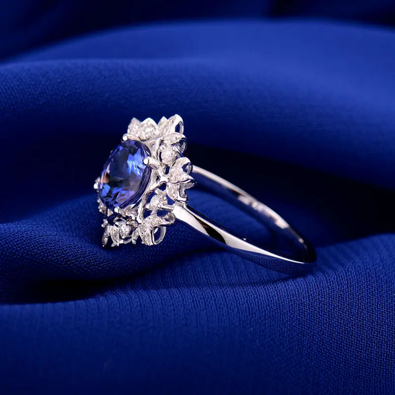 Loverjewelry Винтаж Круглый 7x7 мм Solid 18 К белого золота природных алмазов натуральный Танзанит обручение кольцо для женщин ювелирные украшения