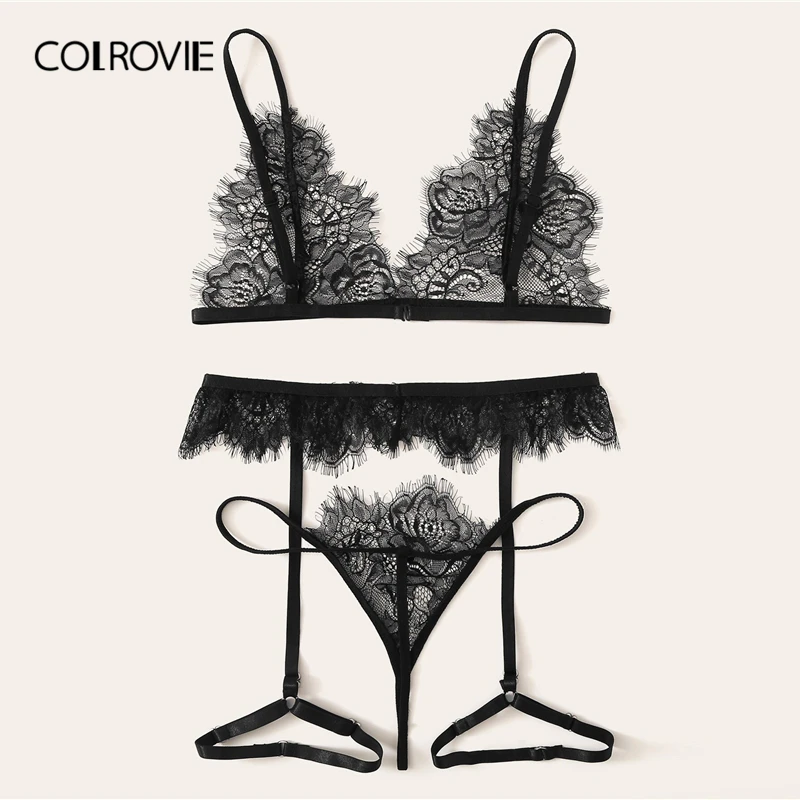 COLROVIE, черный кружевной комплект нижнего белья с подвязками и цветами, женское нижнее белье,, сексуальные комплекты, беспроводной бюстгальтер и стринги, комплект нижнего белья
