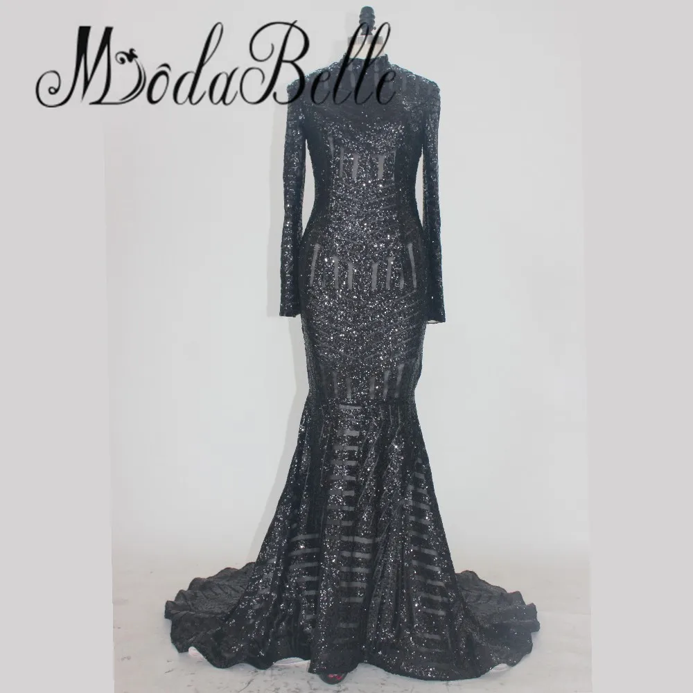Уникальное блестящее черное платье русалки с длинными рукавами и блестками для