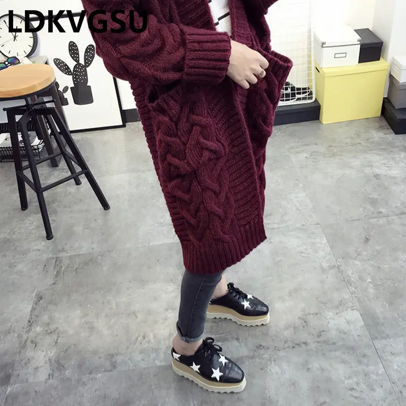 2018 Autumn Winter New Women's Korean Twist V-neck Knit Cardigan Loose Large Size Big Pocket Long Female Sweater Jacket Is1435 |