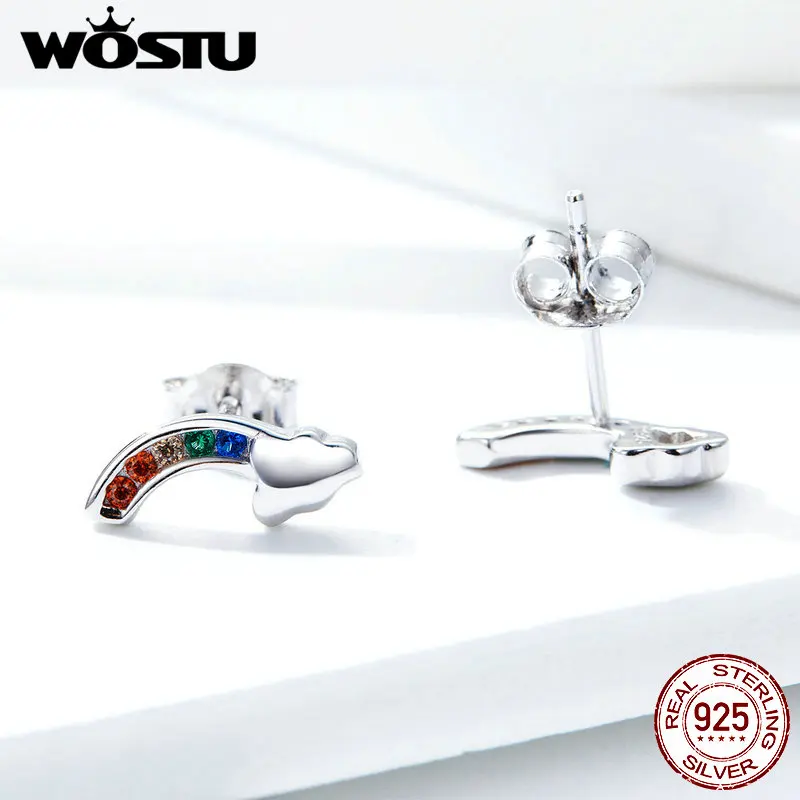 WOSTU, 925 пробы, серебряные милые радужные серьги-гвоздики, цветные циркониевые маленькие серьги для женщин и девушек, серебряные 925 ювелирные изделия FIE500
