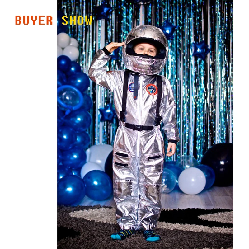 Eraspooky Boys Spaceman One-piece Jumpsuit Silver Astronaut Cosplay Children Pilot Uniform Halloween Costume Kids Party Outfit