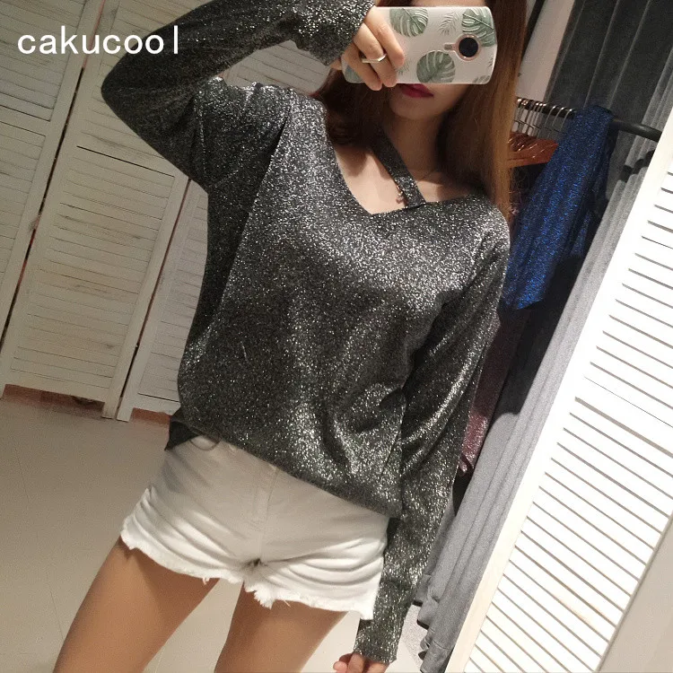 Cakucool Silver Lurex Bling Shirt V-neck Sexy Hollow Out Long Sleeve Blouse Casual Loose Knit Slim Chic Blusa Shirts Tops Female