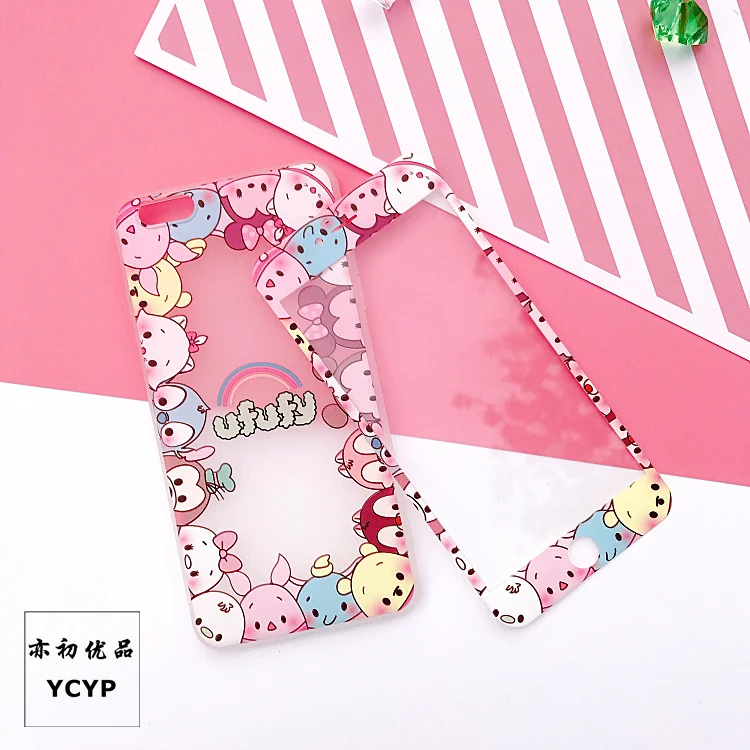 cute animal For iPhone 8 case &amp tempered glass color film for 7 6 6s plus mouse phone cover couple gifts 7plus |