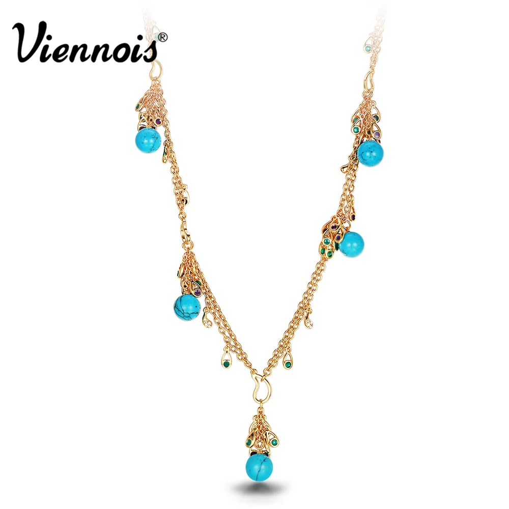 Viennois Gold Color Chain Necklaces For women Long Simulated Necklace Peacock Feathers Rhinestone Trendy | Украшения и аксессуары