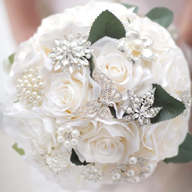 

Simple style, bridal ivory rose brooch bouquet, brooch pearl wedding bride's bouquet, Elegant soft white wedding bouquets decor