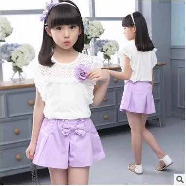 Kids girls short-sleeved suit 2020 new summer children's cotton casual T-shirt big virgin piece shorts girls clothes 3-12 years