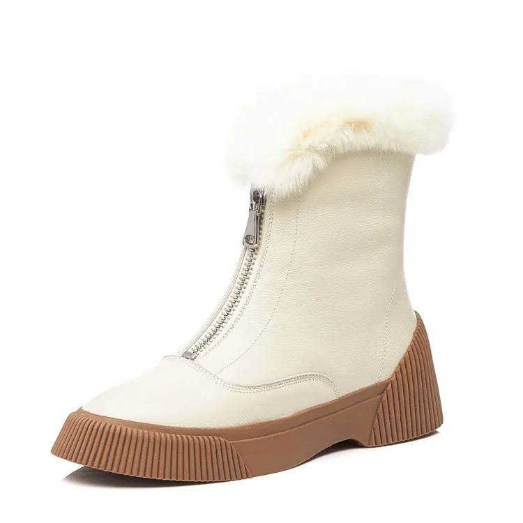 GPOKHDS women snow boots cow leather zippers winter warm wool blend round toe high heels boots