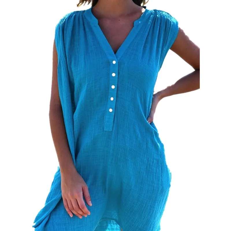 

Женское пляжное платье-рубашка без рукавов, однотонное свободное платье-рубашка с V-образным вырезом, сарафан в уличном стиле, лето 2019