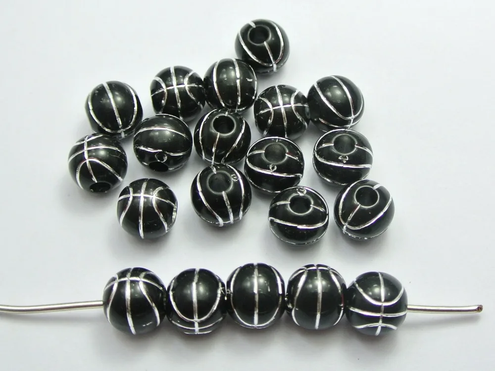 

100 Black Acrylic Sparkling Basket Ball Pattern Round Beads 12mm