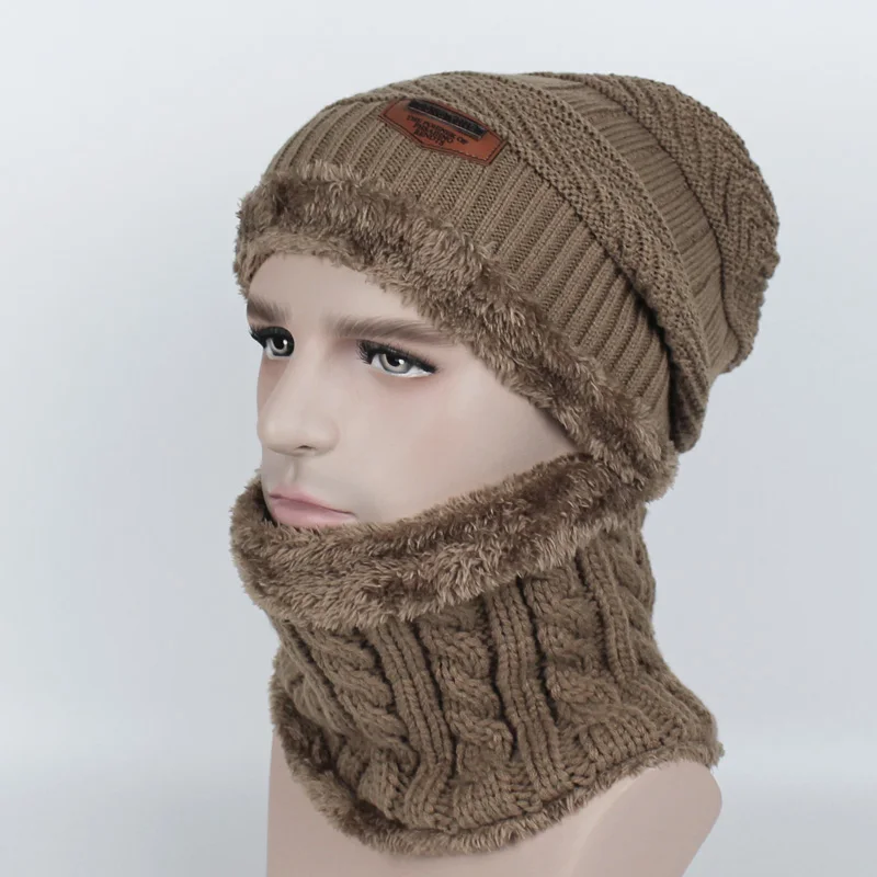 Set Khaki Зимние шапочки Для женщин Для мужчин модные однотонные внутри толстый теплый трикотаж зимняя шапка Кепки шарф наборы Skullies капот шарф комплекты - Цвет: Set Khaki