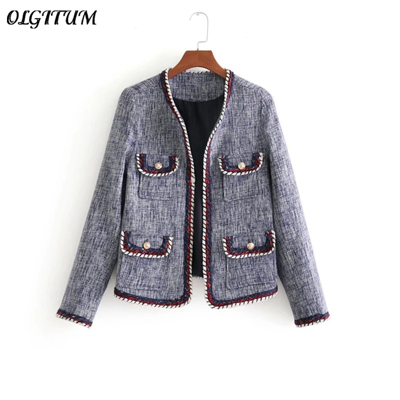 

2019 spring new style women fashion jacket slim stitching multi-pocket loose Plaid long-sleeved ladies jacket high-quality
