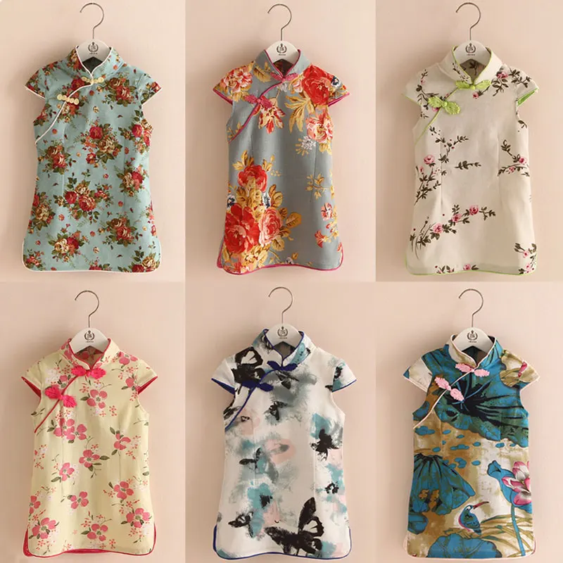 Летние тонкие цветочный Чонсам Qipao платья для девочек одежда малышей детей