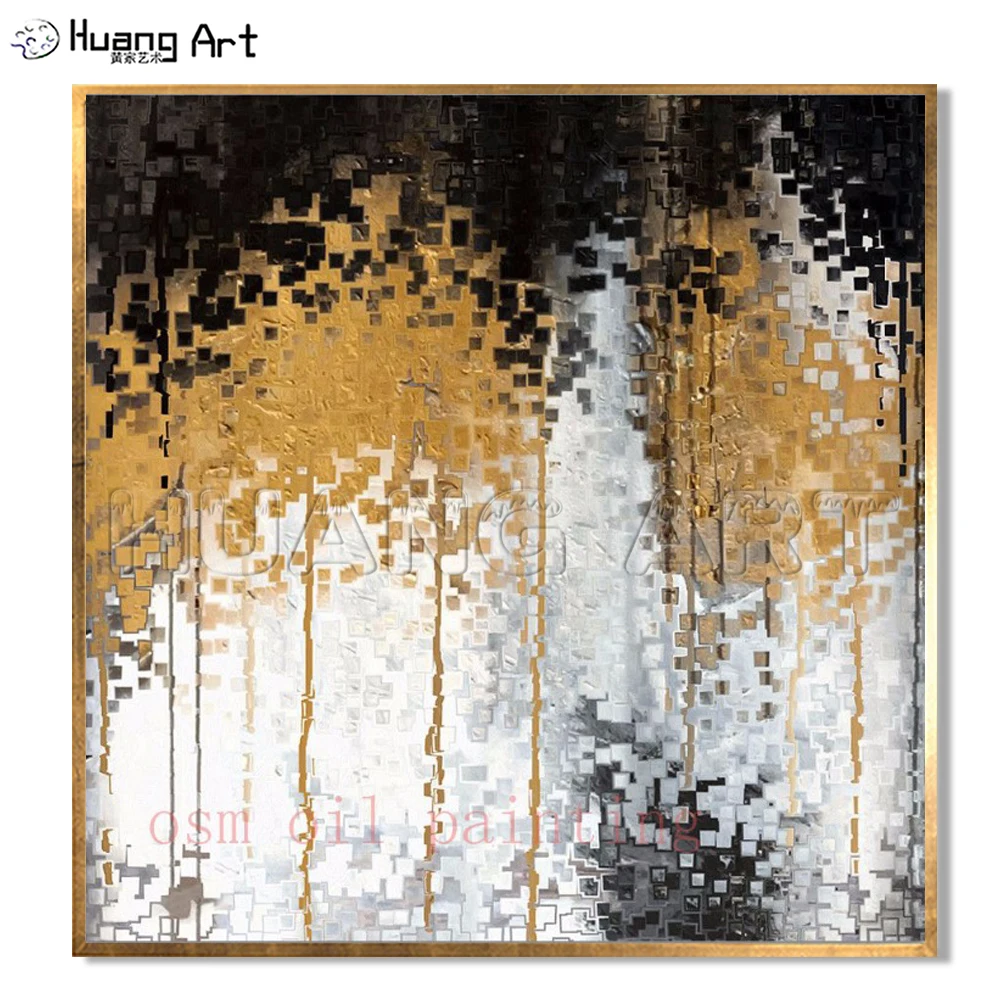 

Hand Painted Modern Abstract Gold White and Black Color Plaid Abstract Oil Painting on Canvas Handmade Painting Wall Art Picture