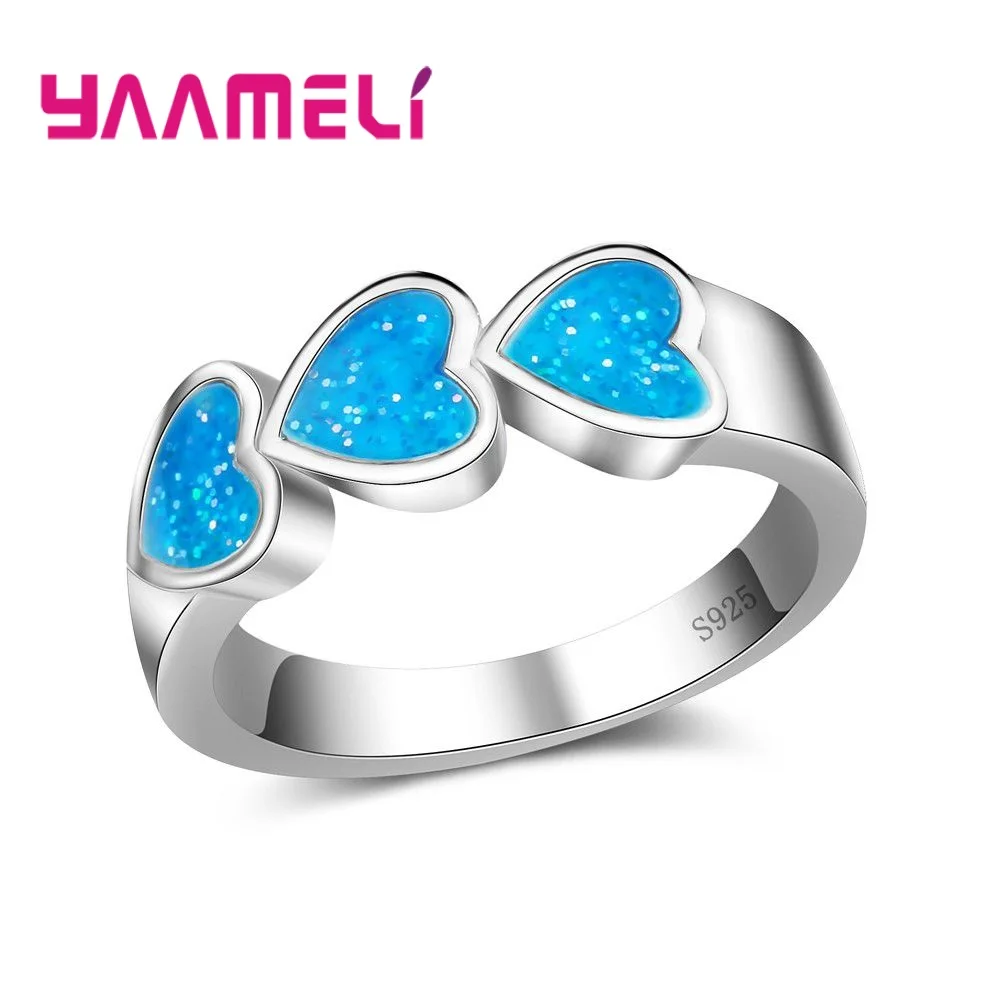 

New Design Lake Blue Fire Opal Ring Fashion Jewelry Women Zircon Rings 925 Sterling Silver 3 Hearts Listing Ring