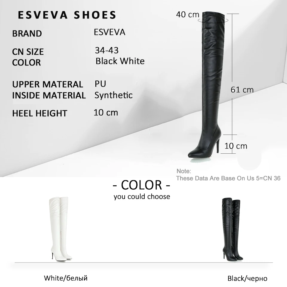 

ESVEVA 2019 Women Boots Zipper High Heels Over The Knee Boots Solid Winter Shoes Pointed Toe Thin Heels Shoes Woman Size 34-43