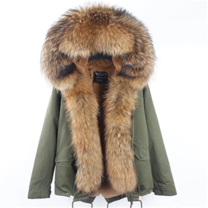 Модная женская куртка армейского зеленого цвета с большим воротником из меха енота, пальто с капюшоном, парки, верхняя одежда со съемной подкладкой из искусственного меха, зимняя куртка