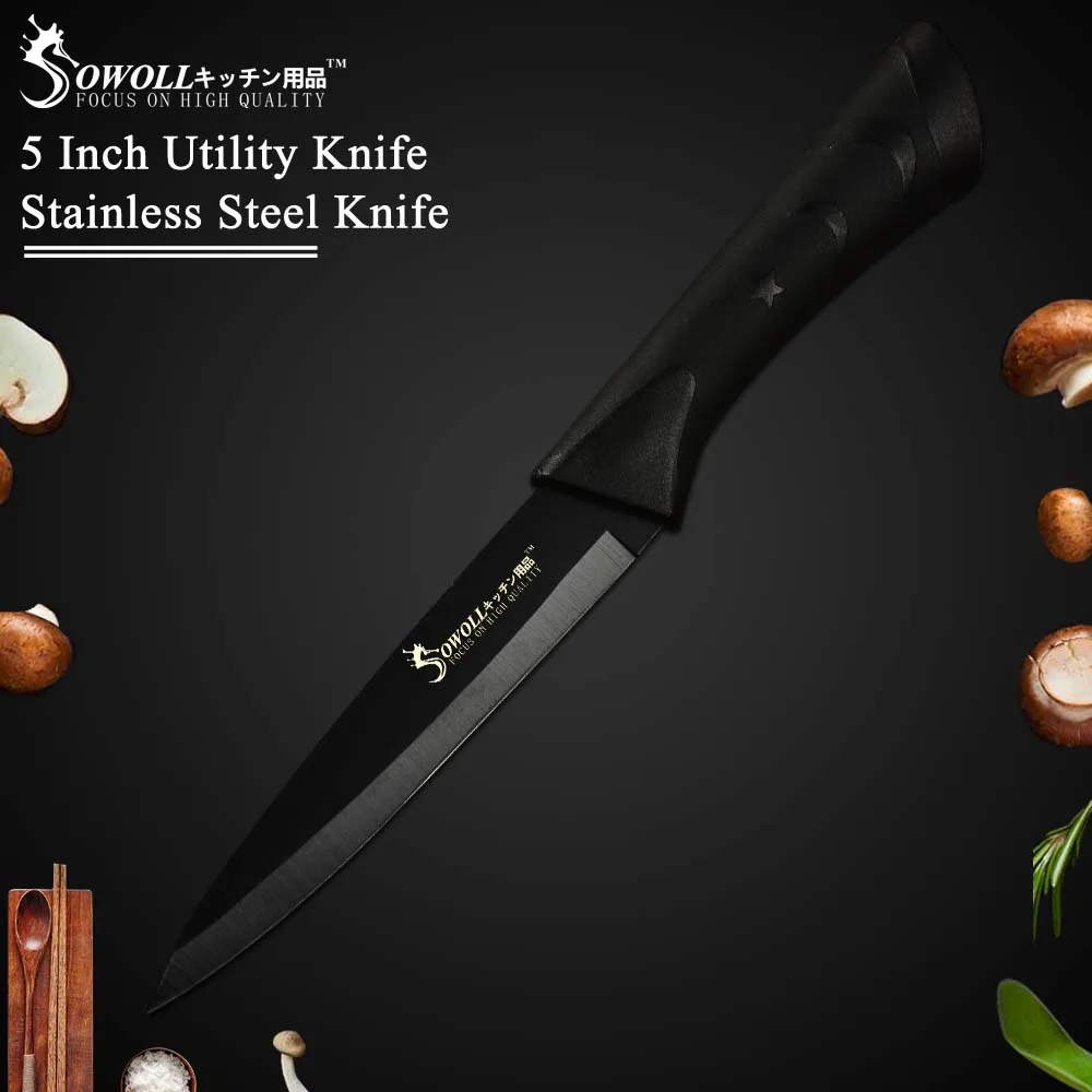 5 inch Utility Knife Sowoll кухонные ножи Аксессуары Инструмент черное лезвие нож из нержавеющей стали 6 шт. 3," 5" " 8" " 8" дюймов нож из нержавеющей стали - Цвет: 5 inch Utility Knife