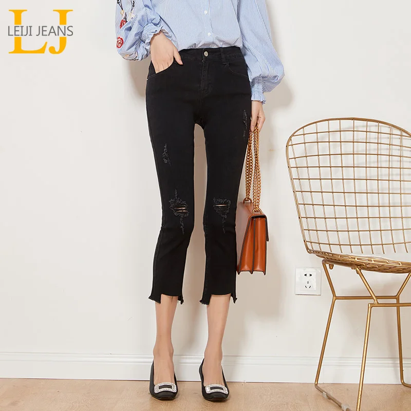 Женские рваные джинсы LEIJIJEANS повседневные узкие черные джинсы-клеш со средней