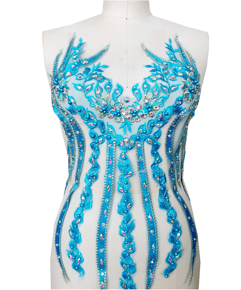1Piece Sew On Rhinestone Applique Lace Fabric Yellow Red Blue Green Patch Neckline For Wedding Dress | Дом и сад