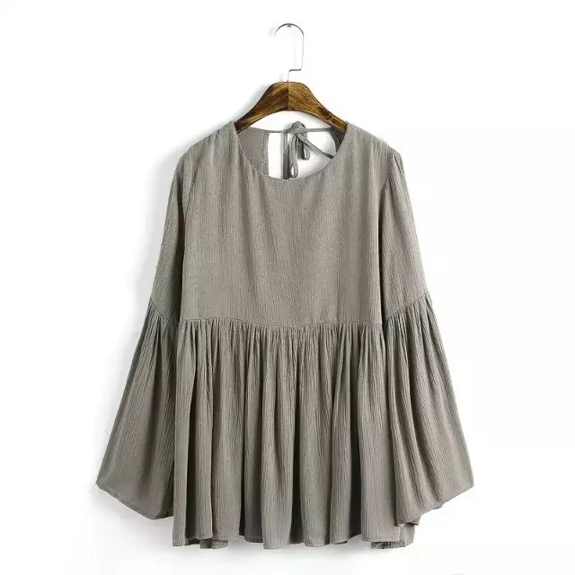 Женская рубашка с длинным рукавом блузка из хлопка и льна расклешенным глубоким V