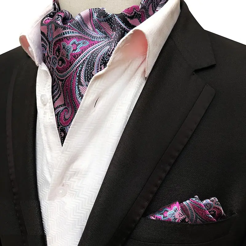 Newest Men's Cravat Tie Set Handkerchief Silk Paisley Jacquard Ascot Necktie Sets Pocket Square for Business Wedding Party