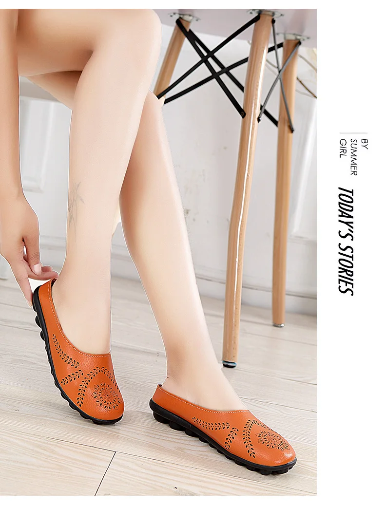 Women Flats Breathable Summer Genuine Leather Shoes Women Casual Slip On Loafers Plus Size 44 Mocassin Femme Nurse Flat Shoes