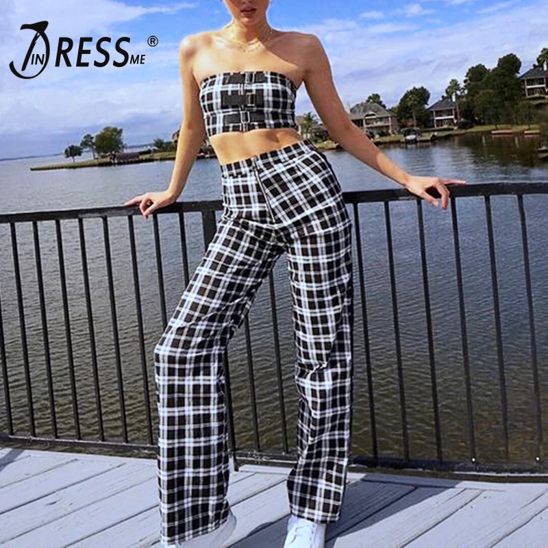 Женский обтягивающий костюм INDRESSME клетчатый пикантный Топ без бретелек рукавов с