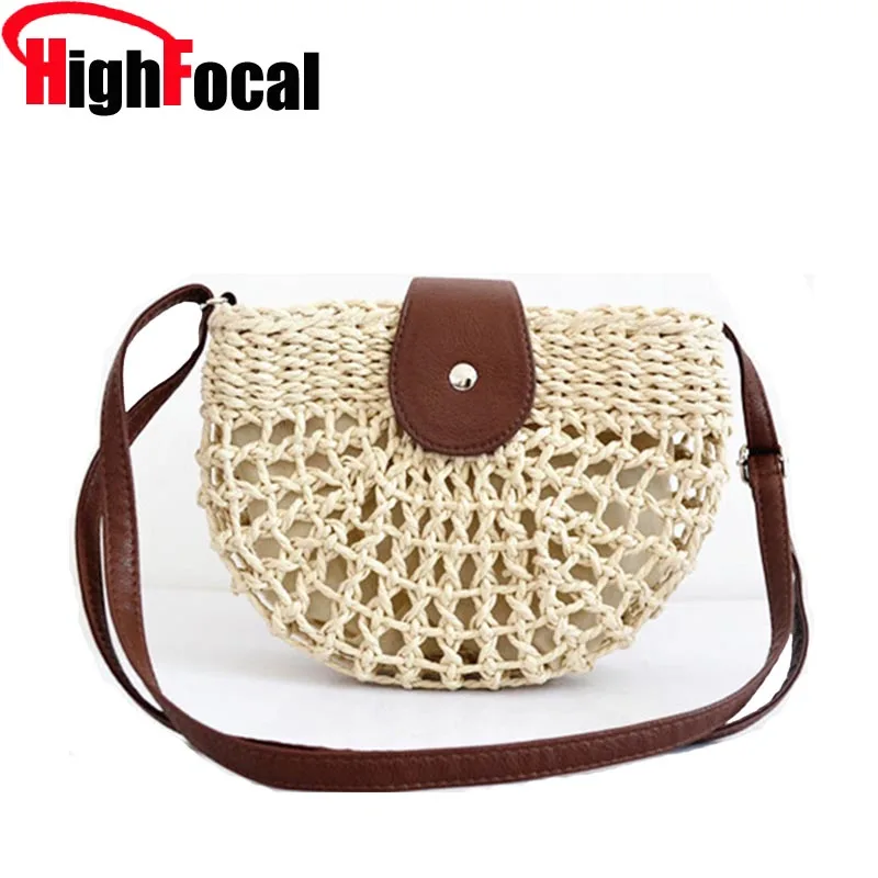 

Knitting Half Round Straw Bag Women Summer Beach Rattan Shoulder Bag Handmade Woven Hasp Half Moon Crossbody Handbags Bali