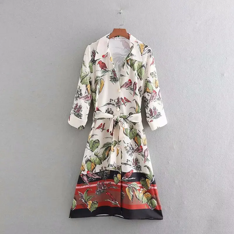 2019 новое летнее женское Повседневное платье с принтом в виде птиц и листьев