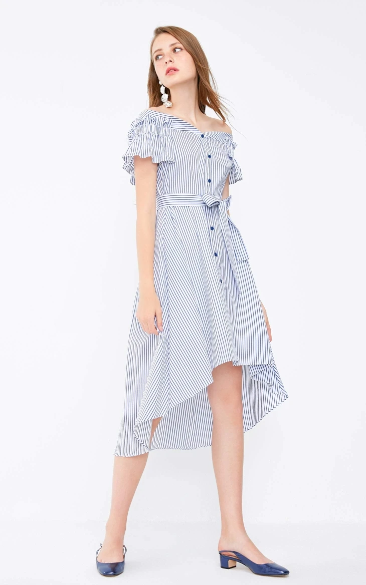 Vero Moda Плиссированное Полосатое платье с открытыми плечами на шнуровке с эластичными манжетами | 31837B505