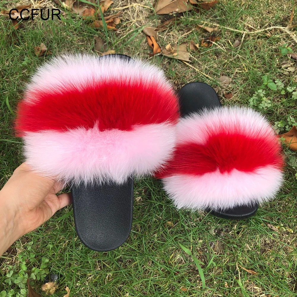 CCFUR New Colors Summer Slides Women's Real Fox Fur Slippers Fluffy Fur Sliders Mixed Color Fashion Lady S6048