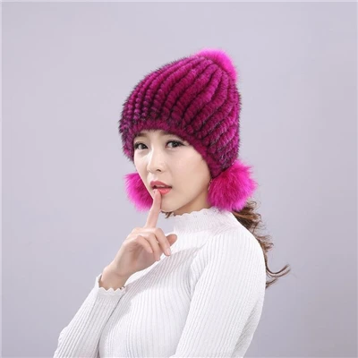 Peach IANLAN модные зимние однотонные вязаные шапки-бомберы из натурального меха, женские шапки из меха норки, меховые наушники из лисьего меха, женские шапки с ушками IL00038 - Цвет: Peach