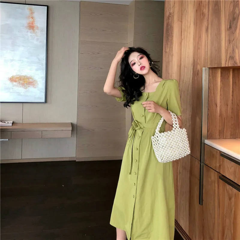 Women Summer Long Shirt Dress with Buttons Ladies Slim Waist a Line Elegant Vestidos Belt Casual Green Robe Femme Sukienki | Женская